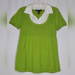 Neon.... Green Knit Layered Look Top with Faux Collar